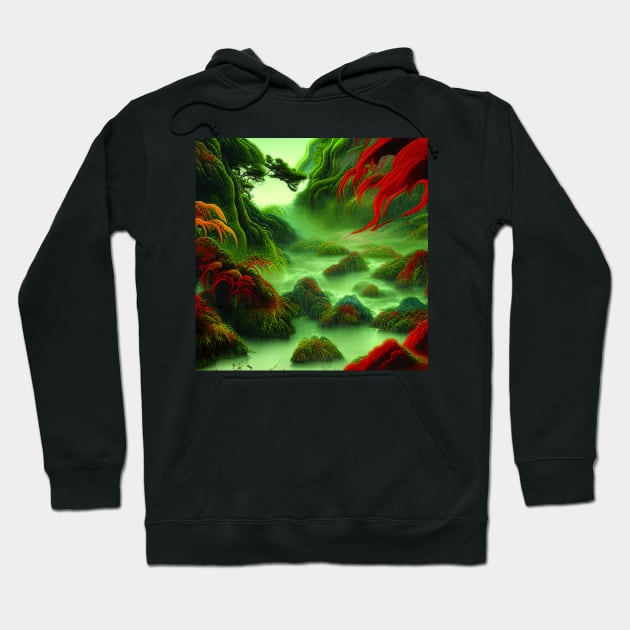 Digital Painting Scene Of a Lake Between Many Colorful Plants, Amazing Nature Hoodie by Promen Art